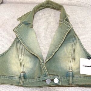 NWT Revolve Superdown Cindy Denim Halter Top In Green Wash Size Small